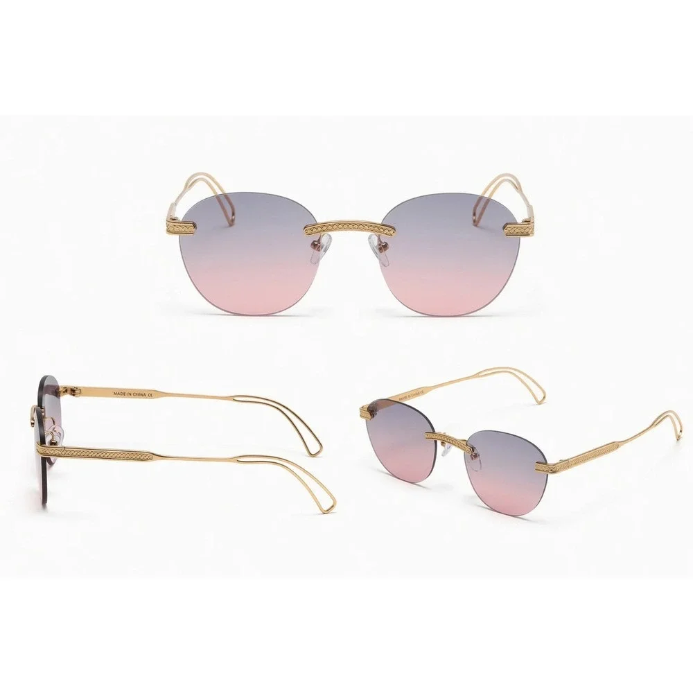 Mens‎ Rimless Round Sunglasses Gold Engraved Metal Purple Pink Gradient Lenses